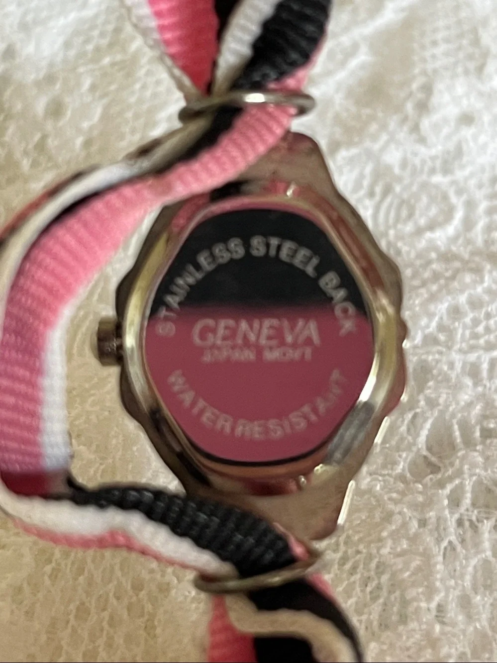 Geneva Pink Black White Ribbon Strap Quartz Watch